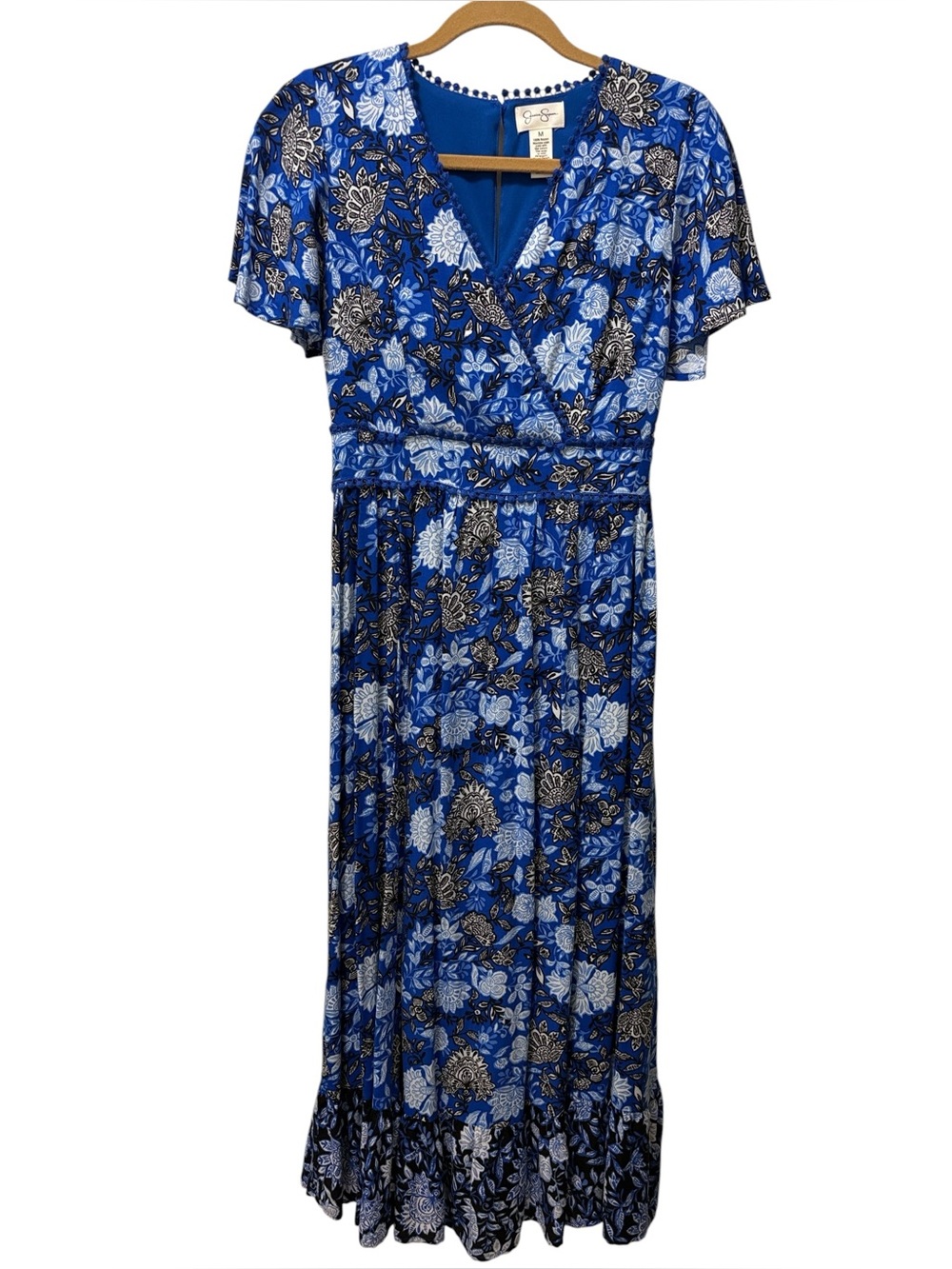 Jessica Simpson Cottagecore Royal Blue Floral V-Neck Maxi Dress, Sz M